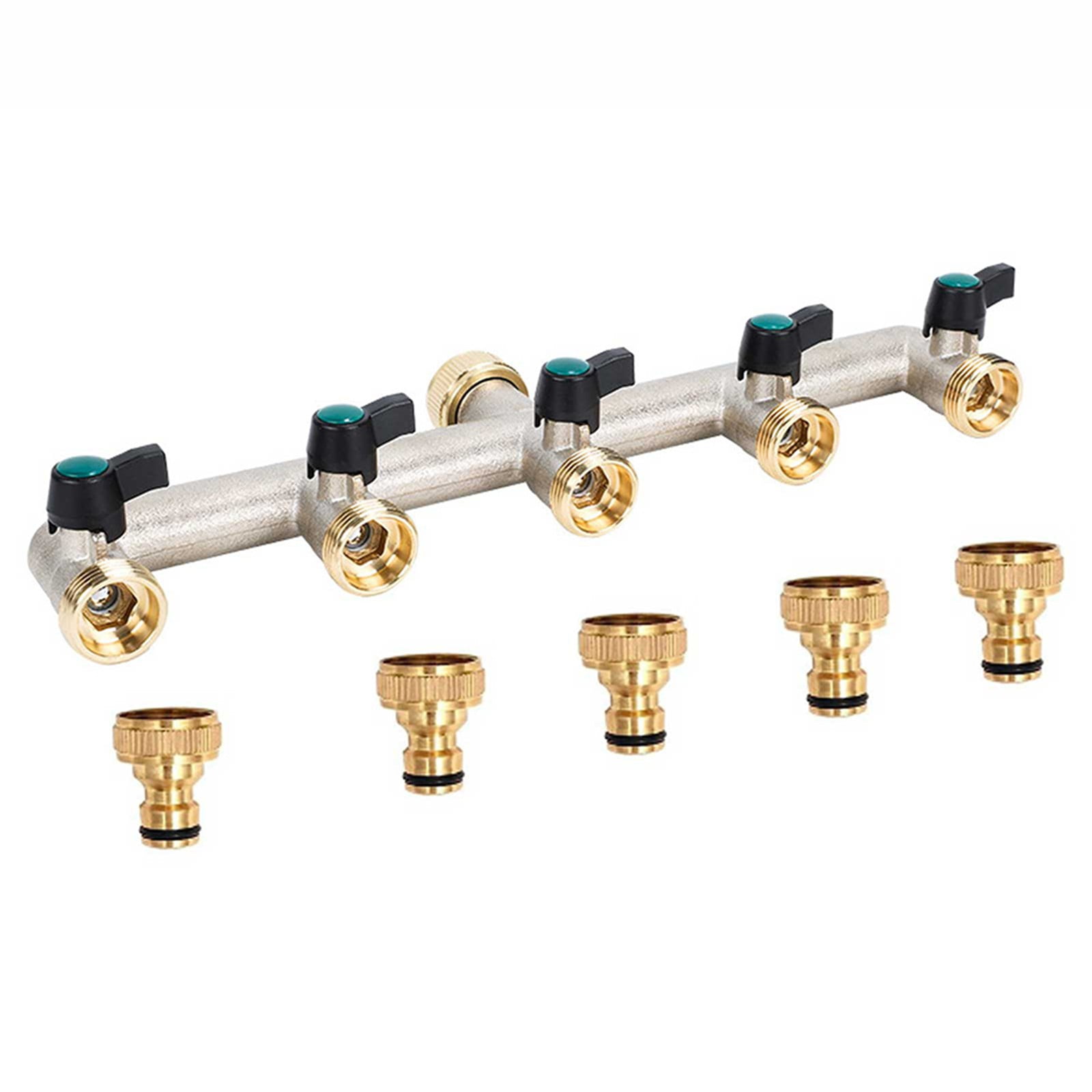 5way Brass Water Tap Distributor 3/4 in Water Distributor 5 Garden Hose Adapter
