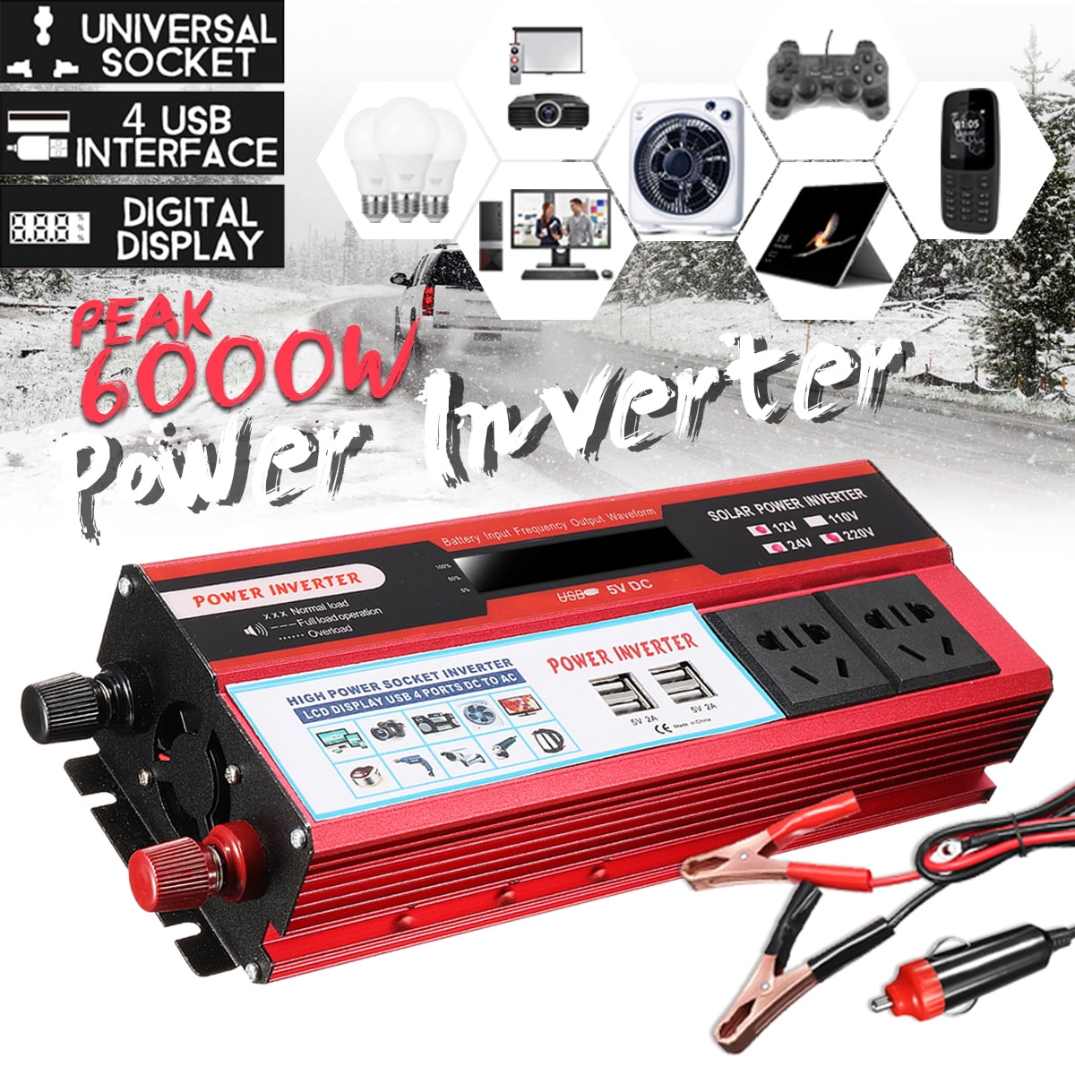 6000W Car Solar Power Inverter Sine Wave Converter DC12V to AC110V Walmart Canada