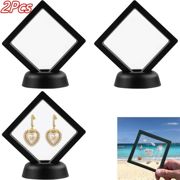 GIXUSIL 2Pcs 4.3 inch 3D Floating Display Case, Durable Film Storage Box Jewelry Display Frame Holder Stands with Bases for Antique Challenge Coins, Medallion Shells Gems Rocks (Black)