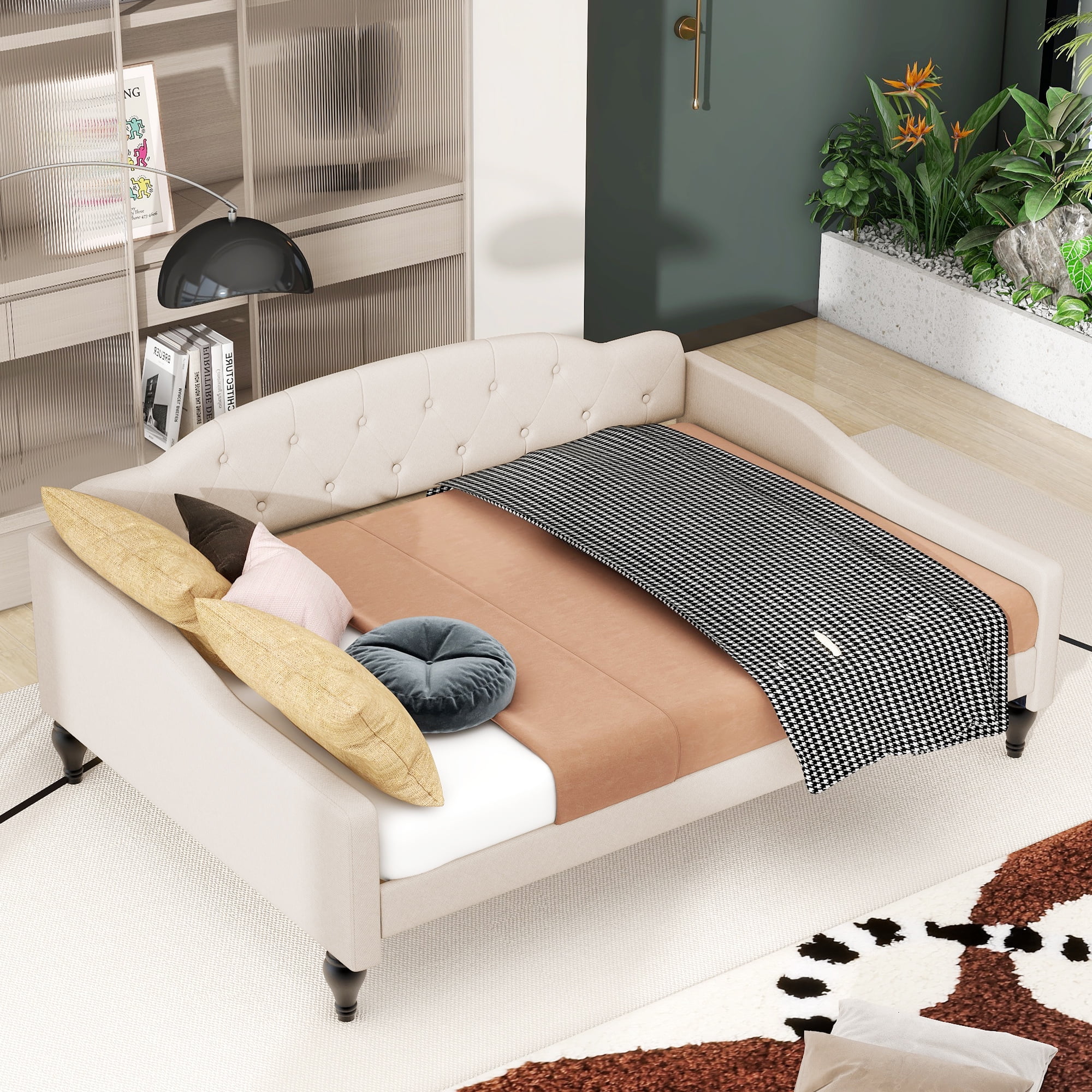 Alvantor Upholstered Full Size Daybed, Tufted Sofa Bed with Wood Slats, Beige