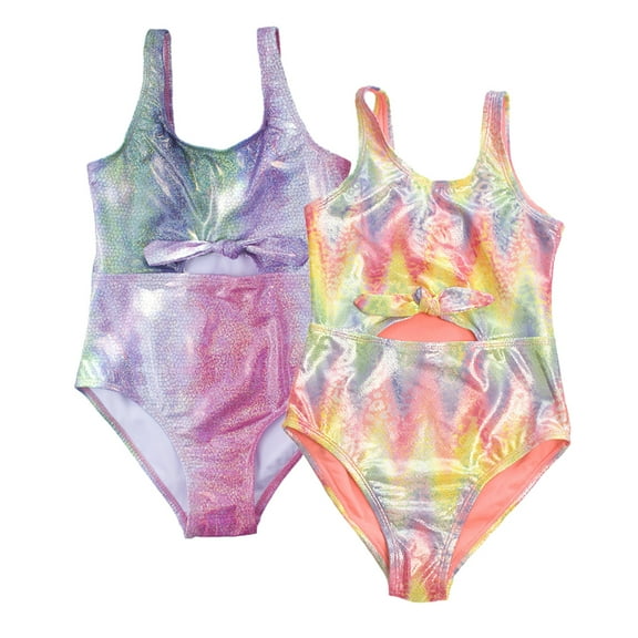 LYMAYTER Kids Girls One Piece Swimsuits Colorful Stripes Bathing Suit Youth Summer Bikini Swimwear for 7-14 Years