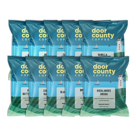 Door County Coffee Ground Coffee Sampler Pack, 10 Unique Coffees, Flavored & Non-Flavored, Roasted by Door County Coffee, 1.5oz Bags, 10ct Coffee Variety Pack
