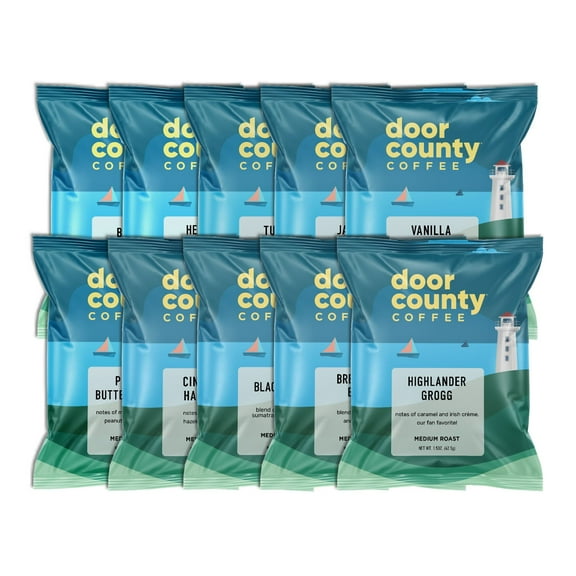 Door County Coffee Ground Coffee Sampler Pack, 10 Unique Coffees, Flavored & Non-Flavored, Roasted by Door County Coffee, 1.5oz Bags, 10ct Coffee Variety Pack