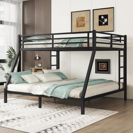 Queen XL Over King Bunk Bed with Full Length Guardrail & Ladders,Heavy Duty Metal Bunk Bed Frame for Adults, Teens, Kids,No Box Spring Needed,Black