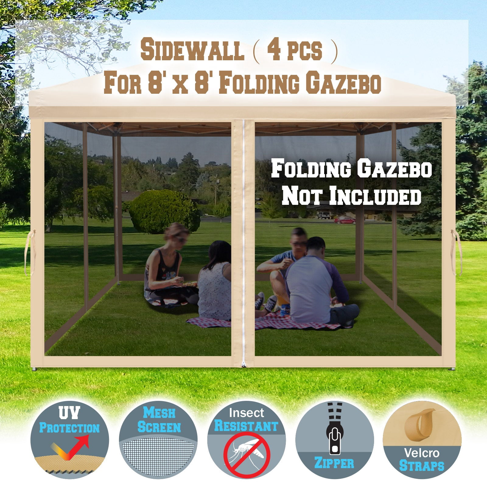 ALUVIERA Canopy Replacement Sidewalls Mosquito Netting Screen Walls for 8x8 FT Gazebo, 4 Pack,(8'Wx6'H,Beige)