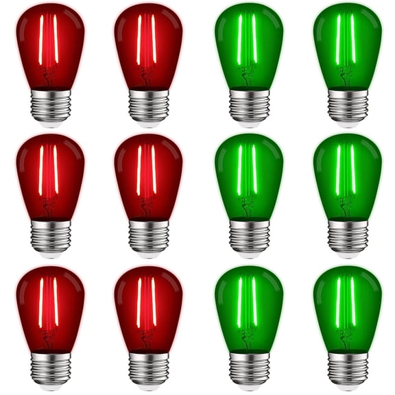 Luxrite 12-Pack S14 Christmas LED Red and Green Light Bulbs, 0.5W, Outdoor String Lights, UL, E26, Indoor Outdoor, Party, Holiday
