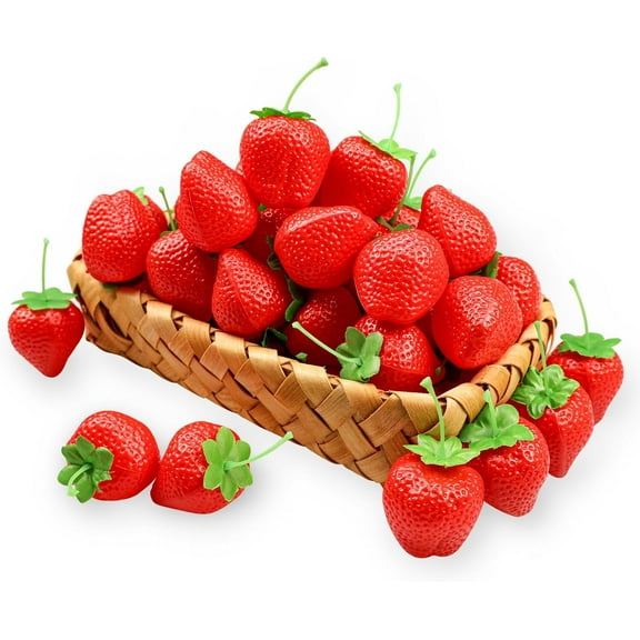 25 Pcs Fake Strawberries, Artificial Red Strawberry, Lifelike Fruit Plastic Strawberry Decorations Photography Prop for Table Centerpieces, Realistic Strawberry Decor Home Kitchen Party Ornament