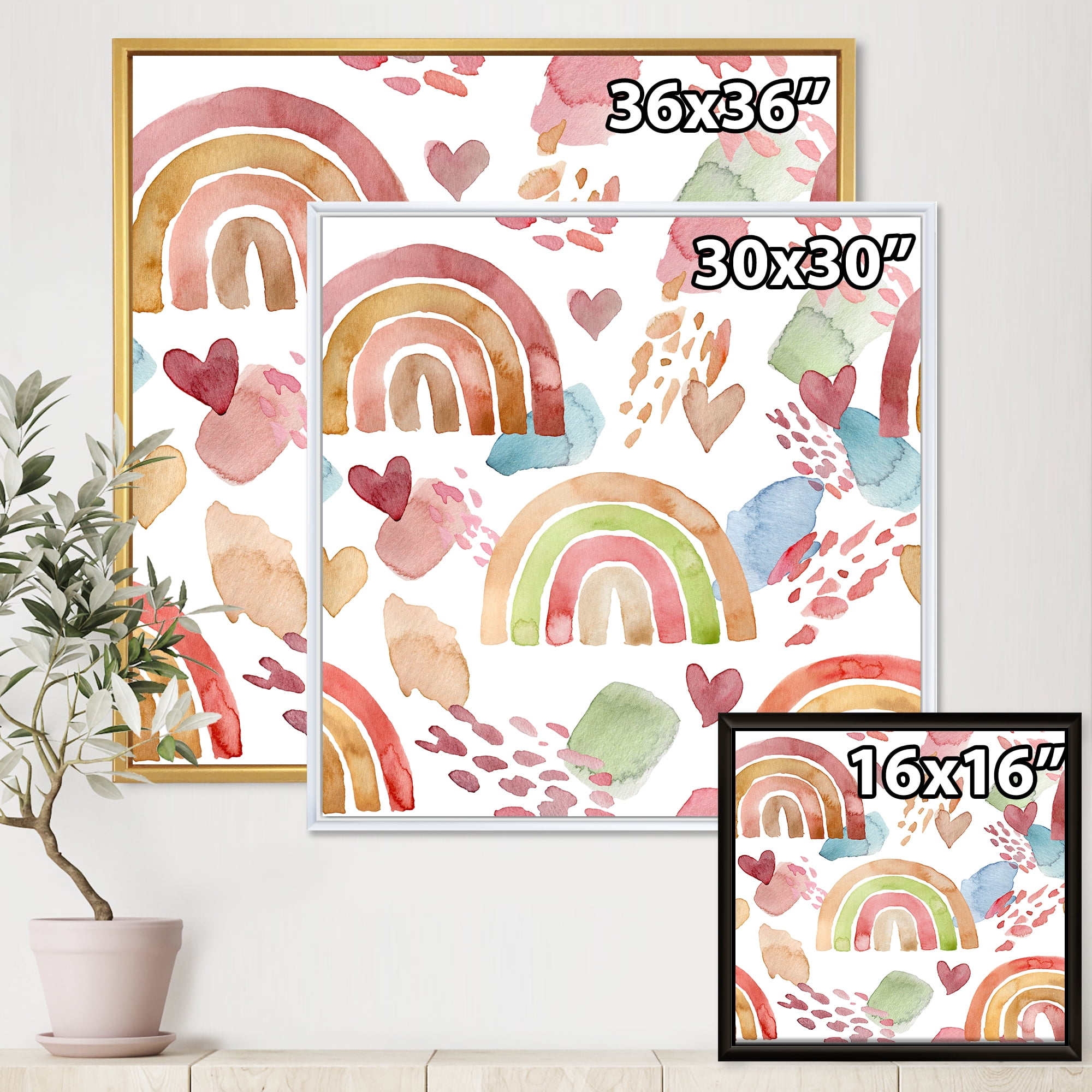 Designart 'Multicolored Rainbows Hearts and Clouds' Children's Art Framed Canvas Wall Art Print