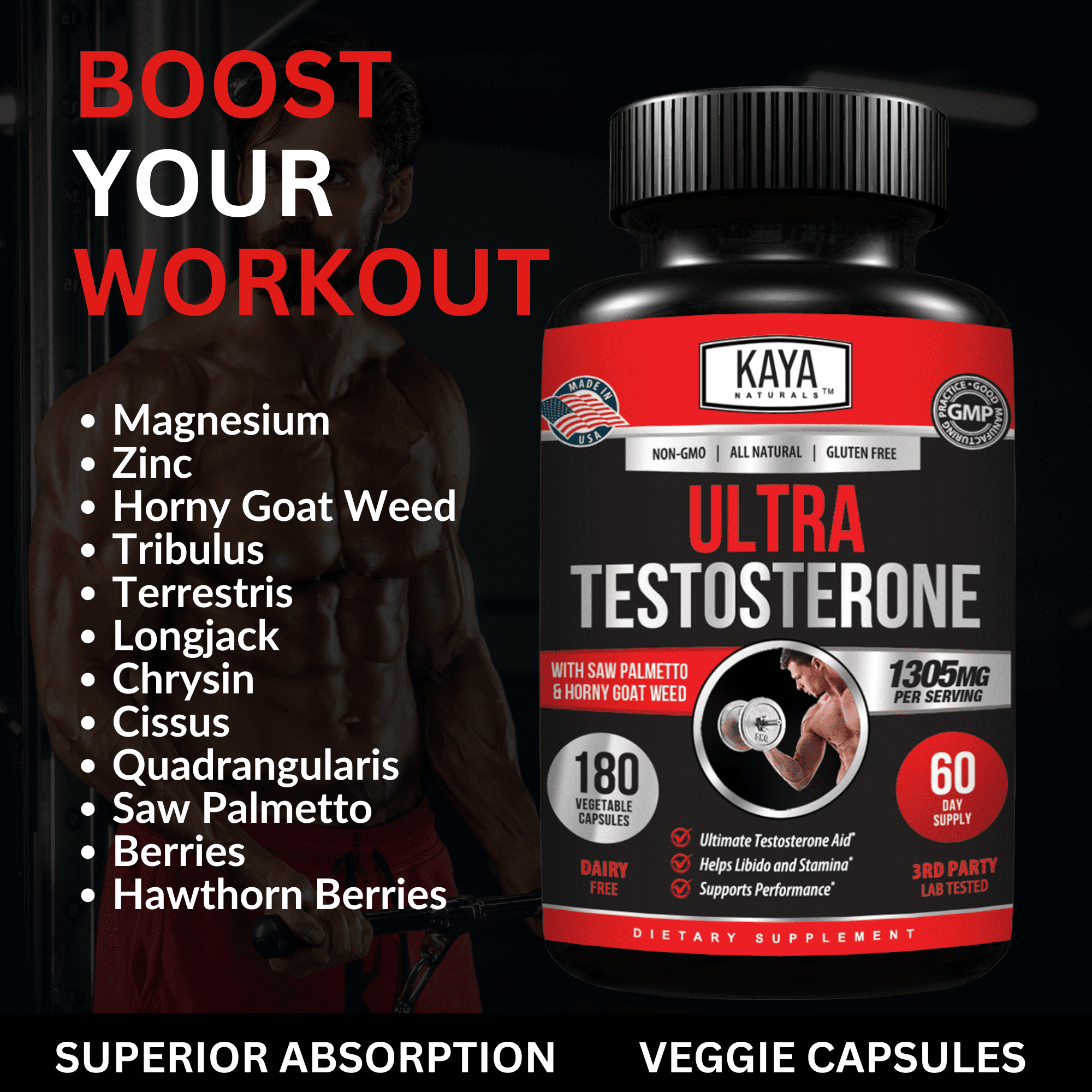 Kaya Naturals Ultra Test - Test Booster - Strength, Mood, Focus - 180 Count