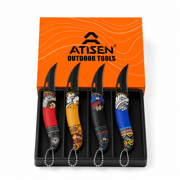 ATISEN 4-Pack 3.54-inch Pocket Folding Knives, Vintage 3D Embossed Stainless Steel EDC Knife Set