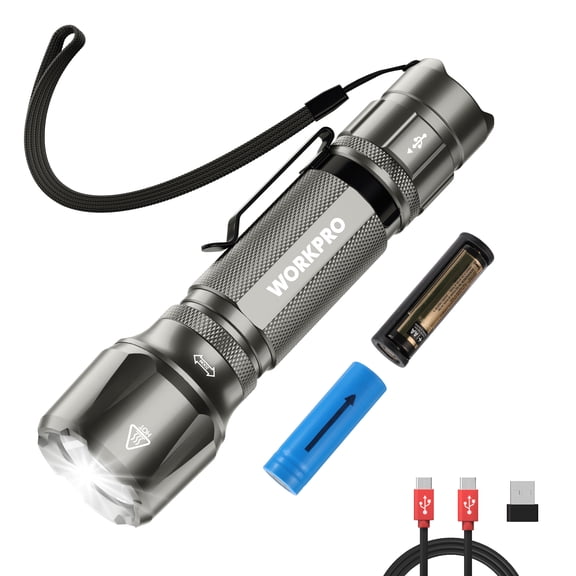 WORKPRO 1200 Lumens Rechargeable Tactical Flashlight, EDC Mini Pocket Light with Zoom Focus, 7 Modes, Battery Included, Gray