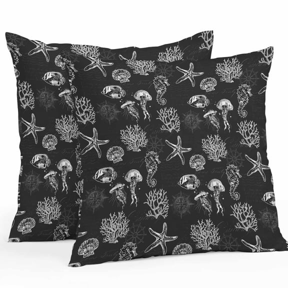 Outdoor Waterproof Pillow Covers Pack of 2, Seahorse Coral Shell Starfish Ocean Black Vintage Decorative Throw Pillowcases Cushion Covers for Garden Patio Tent Sofa Couch, 18x18 inch
