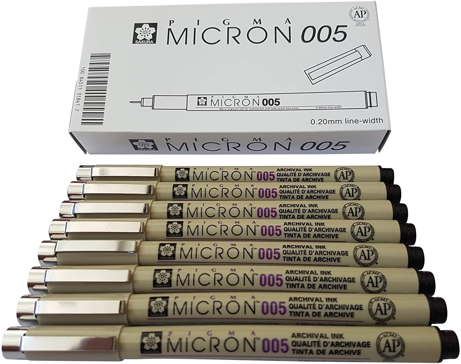 Pigma Micron pen 005 Black ink marker felt tip pen, Archival pigment ink, fine point for artist drawing pens - 8 pen set