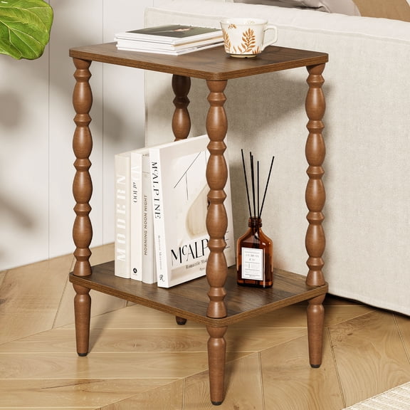 Maliowa 2-Tier Side Table, Small Wood End Table with Spindle Legs, Rectangle Accent Vintage Nightstand for Bedroom Living Room Small Spaces, Walnut