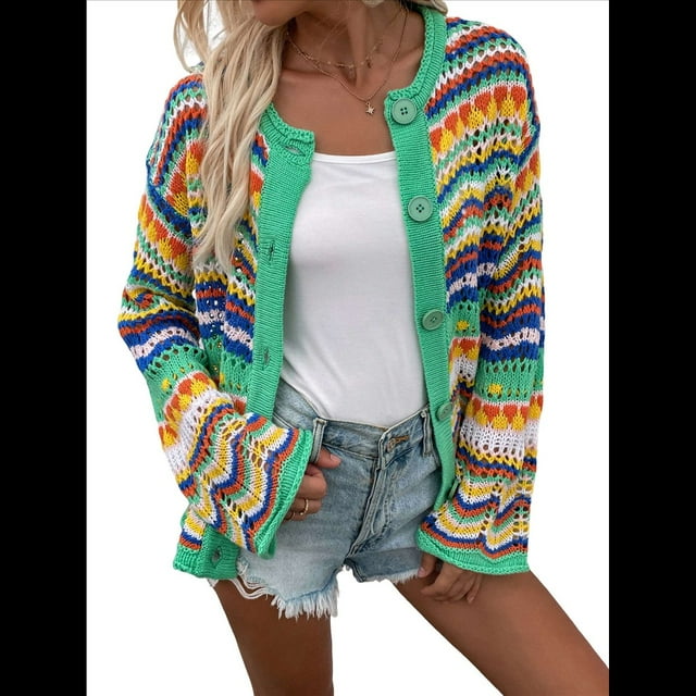 Cárdigan de Punto A Crochet con Rayas Multicolores para Mujer, Cuello Redondo, Mangas Acampanadas, Botones, Abrigo Estilo Suéter Y2K. Verde L
