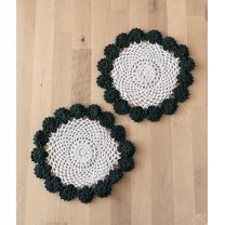 Fennco Styles Handmade Two-Tone Floral Crochet Tray Doilies, 8" Round, 2-Piece - Olive Cloth Placemats for Everyday Use, Holidays, Home Décor, Cocktail Party, Tea Party, Special Occasion
