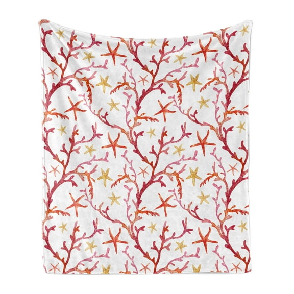 Nautical Soft Flannel Fleece Blanket, Colorful Corals Shells and Crabs Marine Lifestyle on a Plain Background, Cozy Plush for Indoor and Outdoor Use, 50" x 70", White and Multicolor, by Ambesonne