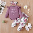 thumbnail image 3 of Mikrdoo Baby Girls Outfits 0 Months Baby Girls Letter Print 3 Months Baby Girls Romper Top Floral Print Pants Headband 3Pcs Winter Clothes Set,Purple, 3 of 9
