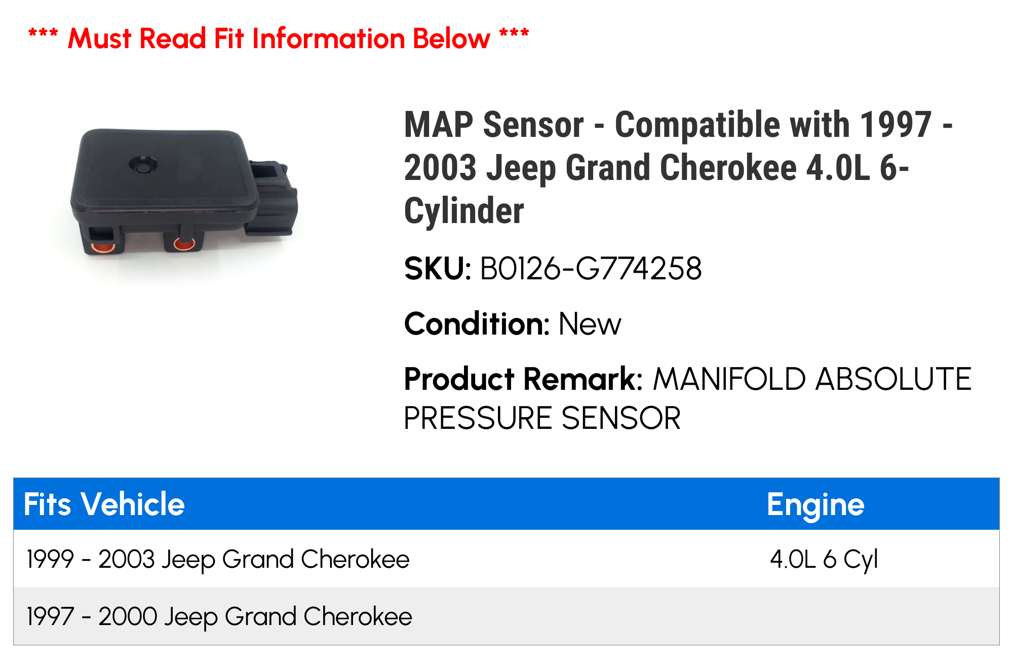 MAP Sensor - Compatible with 1997 - 2003 Jeep Grand Cherokee 4.0L 6-Cylinder 1998 1999 2000 2001 2002