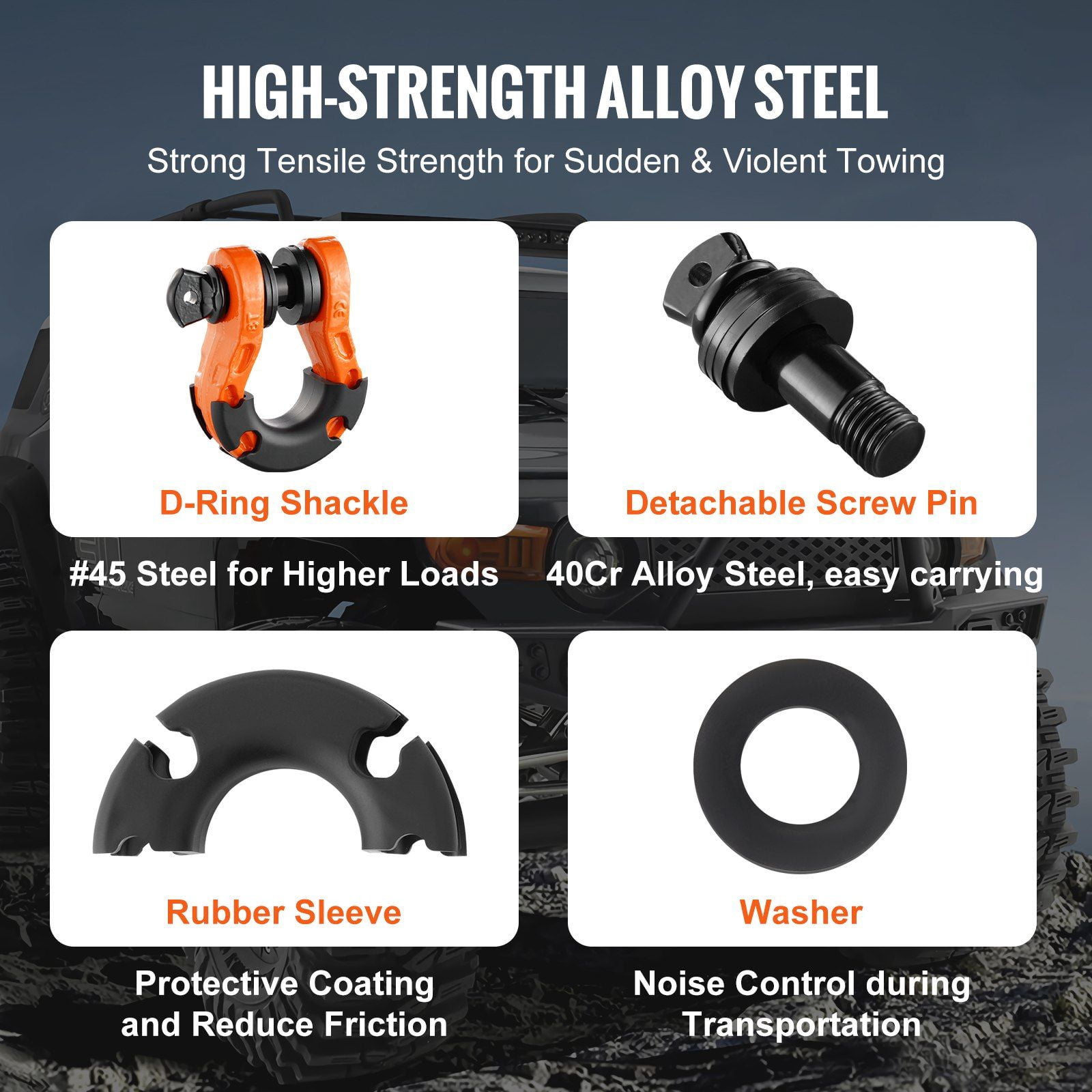 3/4 Inch D Ring Shackle 2 Pack 30 Ton Break Strength 66139 Lbs Alloy Steel with 7/8 Inch Screw Pin Isolators Washers Heavy Duty Off Road Recovery Shackle for Jeep Truck Orange