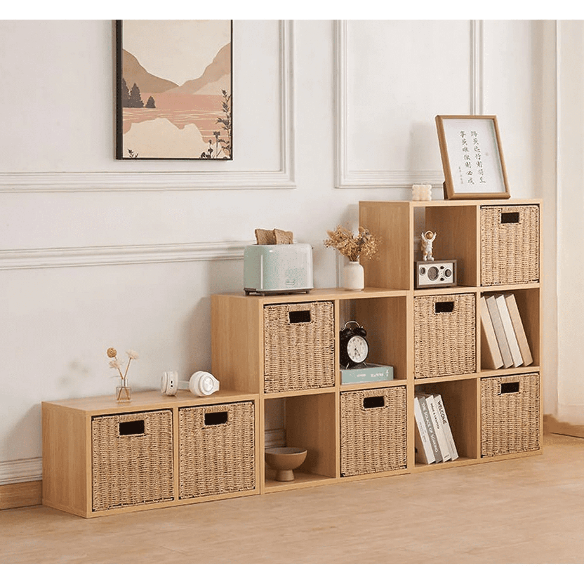 9.8 inch Set of 2 Wicker Basket, Woven Storage Baskets for Shelves with Handles Foldable Cube Storage Baskets Bins