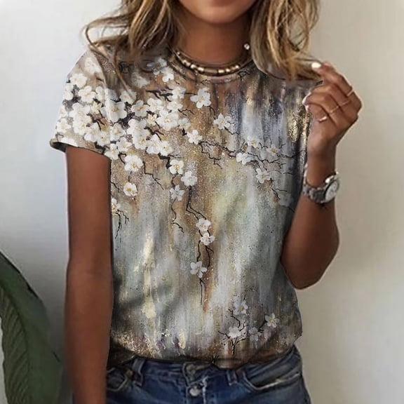 Viikei Womens Plus Short Sleeve Tops Clearance Ladies Short Sleeve Tops Plus Size Women T-shirt Short Sleeve Casual Loose Floral Print Crewneck Printed