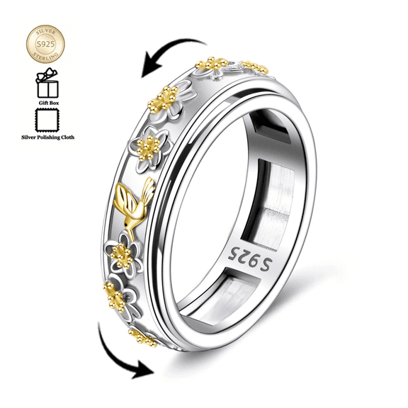Sterling Silver Hummingbird Bird Anxiety Spinner Rings Fidget Rotatable Mood Rings for Women Men 7 Size