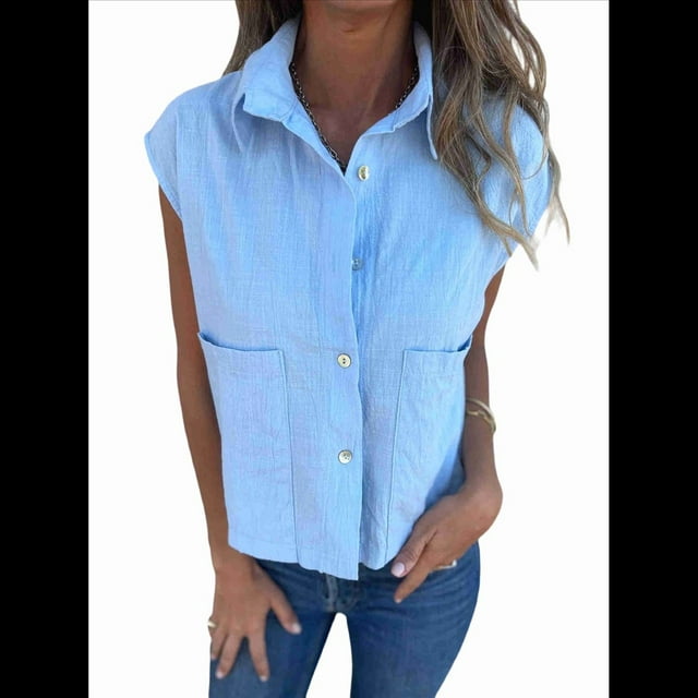 Camisa de Algodón y para Mujer, Blusa Holgada de Verano con Cuello en V y Corta, Informal, Color Azul , Talla S