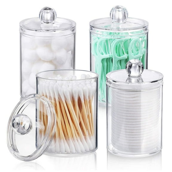 SSKDBFJG Acrylic Qtip Holder Dispenser for Cotton Swabs, Balls, Pads, Floss Picks- Small Clear Plastic Canister Apothecary Jar Set, Bathroom Essentials Accessories Decor(4 pack)