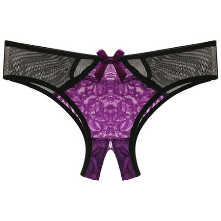 Womens Crotchless Underwear Cheeky Panties Purple Floral Lace Briefs Womens Lingerie Sexy Crotchless One Size