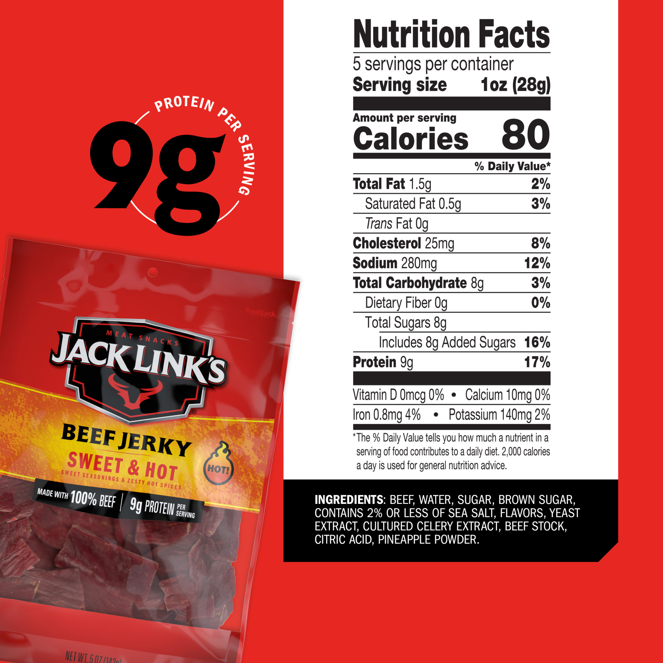 (8 pack) Jack Link’s Beef Jerky, Sweet & Hot, Made with 100% Beef, 9g of Protein per Serving, 5 oz, Resealable Bag