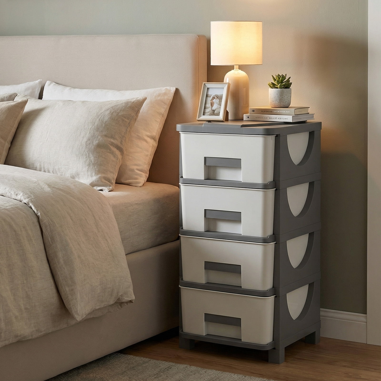 Costway 1 PCS 4-Drawer Storage File Cabinet, Plastic Storage Organizer with Handles for Bedroom White + Gray
