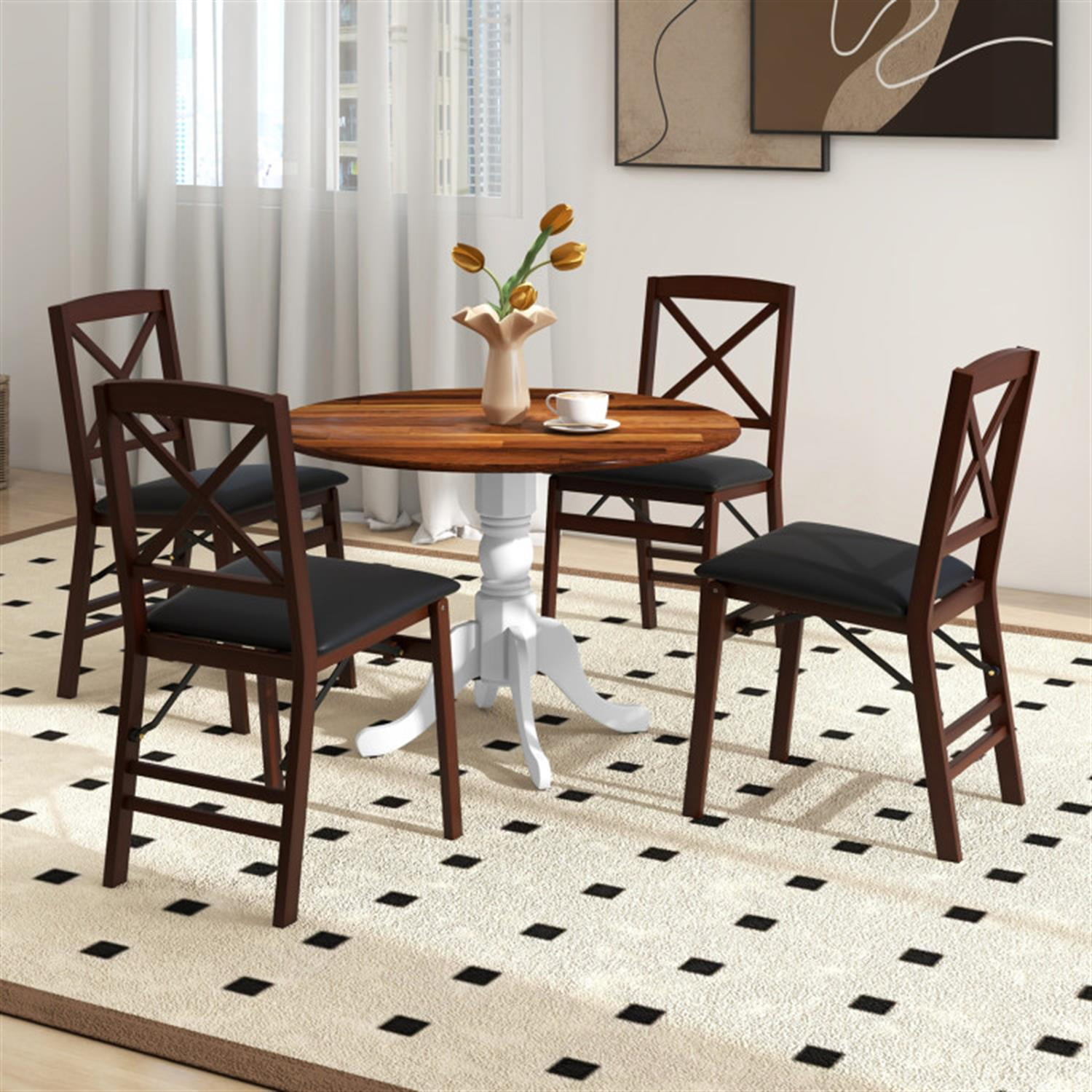 Demi Bonn Wooden Dining Table with Round Tabletop and Curved Trestle Legs, Modern Kitchen Table Furniture for Dining Room, Dinette, Brown+White