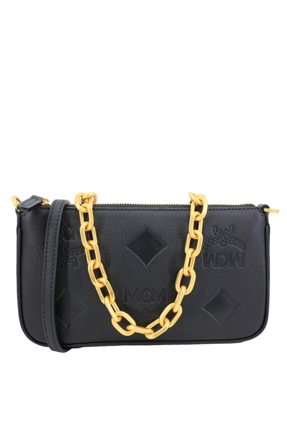 Pre-Owned MCM Aren Embossed Maxi Monogram Leather Chain Crossbody Bag Black