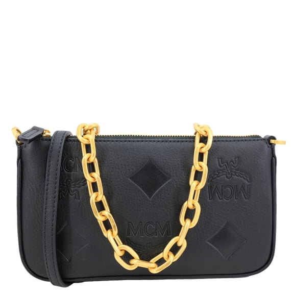 Pre-Owned MCM Aren Embossed Maxi Monogram Leather Chain Crossbody Bag Black