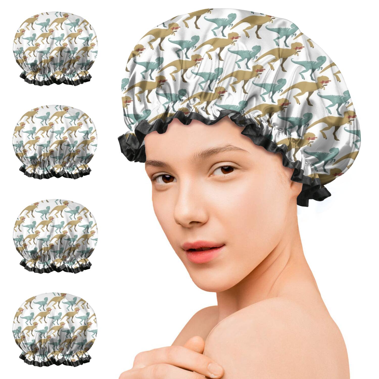 Shower Caps,White Cartoon Dinosaurs Waterproof Shower Cap for Women 4 Pieces,Double Reusable Hair Cover for Shower PEVA Elastic Stretch Hem