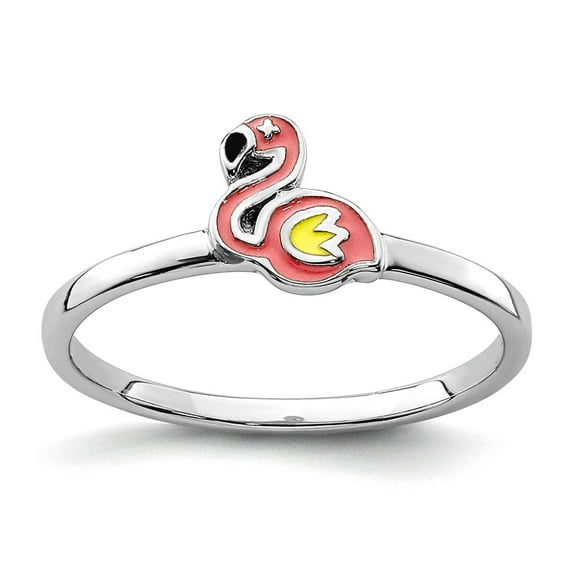 925 Sterling Silver Rhodium Plated Enameled Flamingo Ring Size 3 5.5mm Wide Ring - .9 Grams