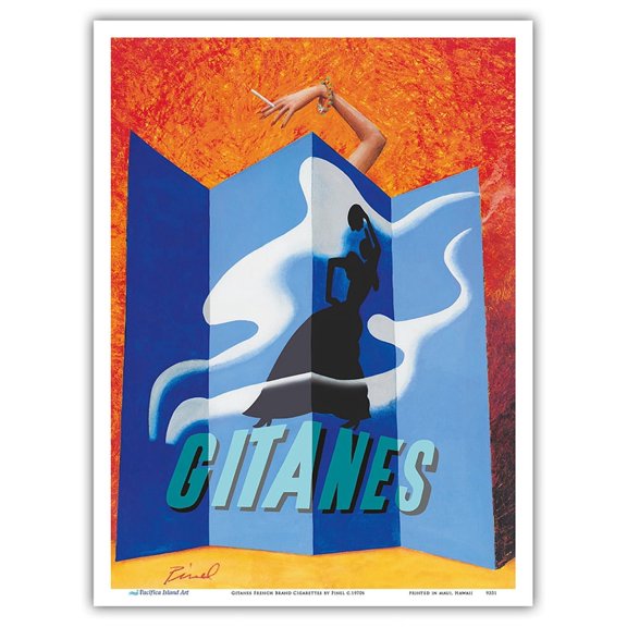Gitanes French Brand Cigarettes - Lady with Cigarette - Vintage Advertising Poster by Pinel c.1970s - Master Art Print (Unframed) 9in x 12in