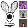 thumbnail image 5 of Conjunto de disfraz de conejito con diadema de encaje con orejas de conejo, collar de conejo de encaje negro y cola redonda para mujeres y niñas, suministros para fiesta de Pascua, Halloween y cospl, 5 of 5