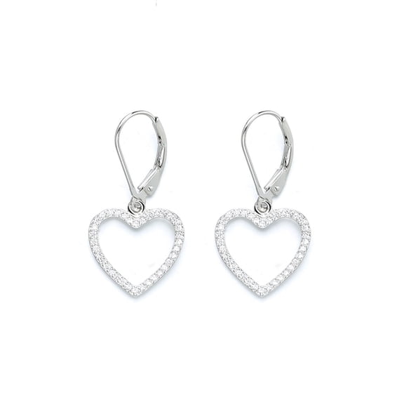 18K White Gold Plated Leverback Heart Earrings with Crystals
