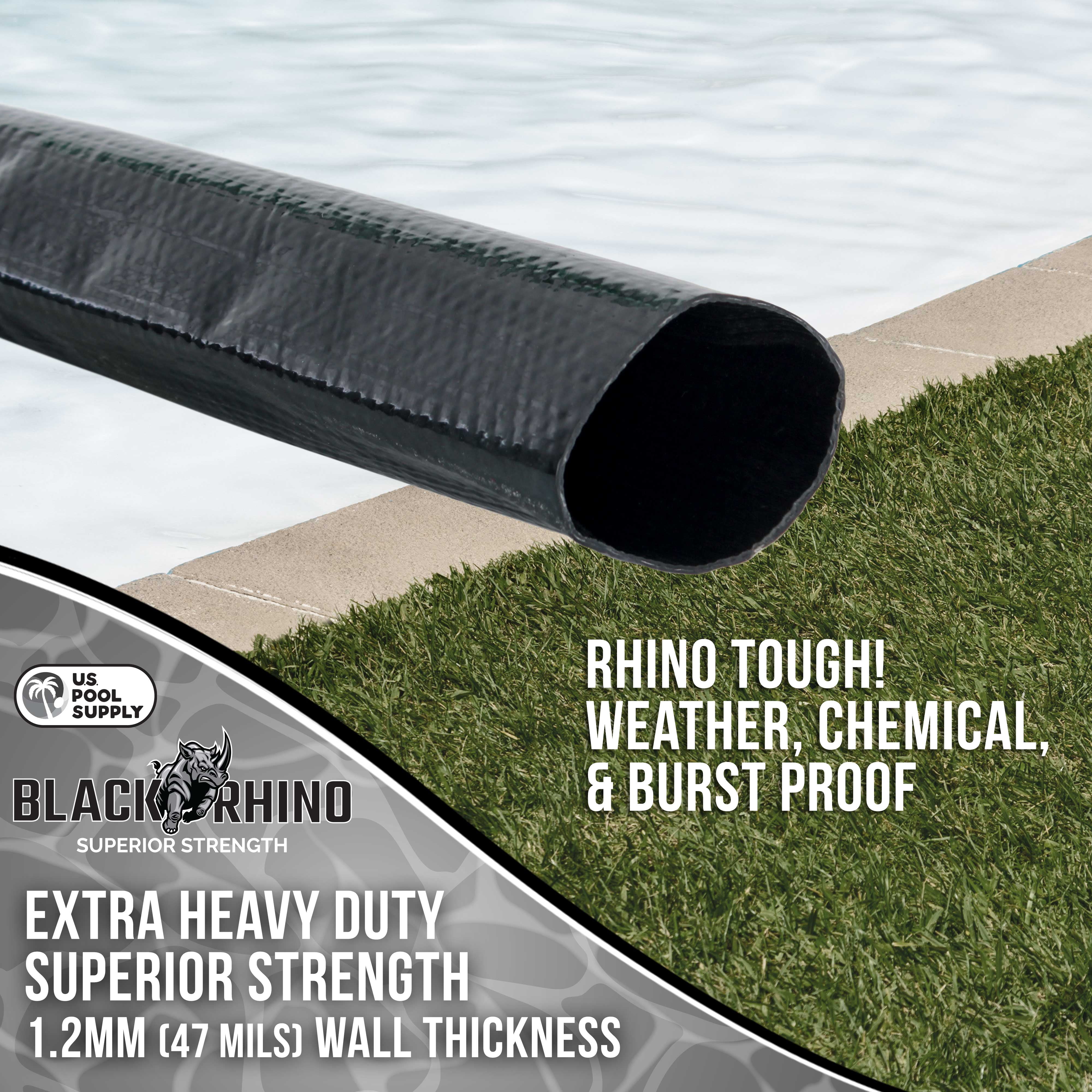 U.S. Pool Supply Black Rhino 1-1/2" x 25' Pool Backwash Hose with Hose Clamp - Extra Heavy Duty Superior Strength, Thick 1.2mm (47mils) - Weather Burst Resistant - Drain Clean Swimming Pools
