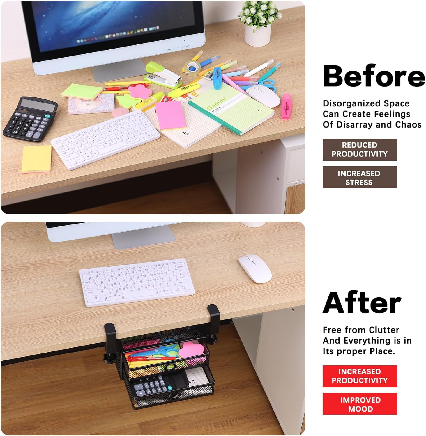 Under Desk & Desktop Drawer Organizer - 2-Tier Metal Slide Out Drawers Organizer, Storage for Home Office Desk (Black)