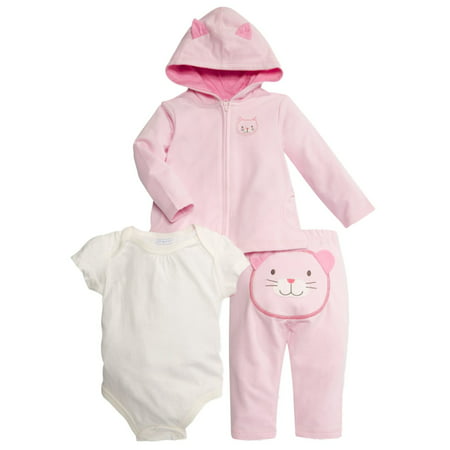 Infant Girls 3 Piece Kitty Cat Outfit Pink Kitten Hoodie Sweatpants & Bodysuit