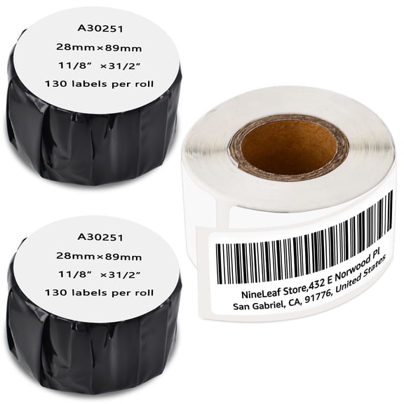 NineLeaf 3 Rolls Compatible for DYMO LW 30251 1-1/8 in x 3-1/2 in Premium White Address Barcode Labels, 130 Labels Per Roll