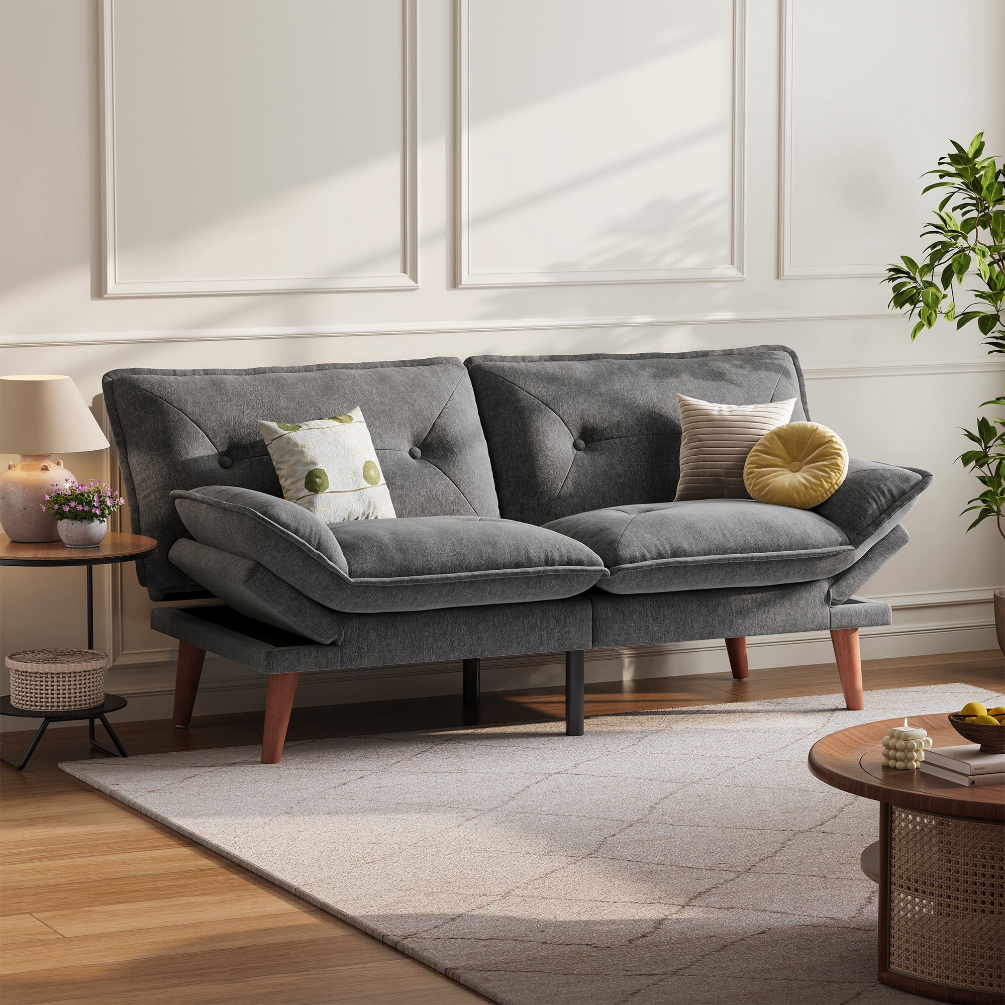 LINSY HOME  Futon Sofa Bed with Adjustable Armrests, Loveseat for Small Living Place and Apartment, Grey