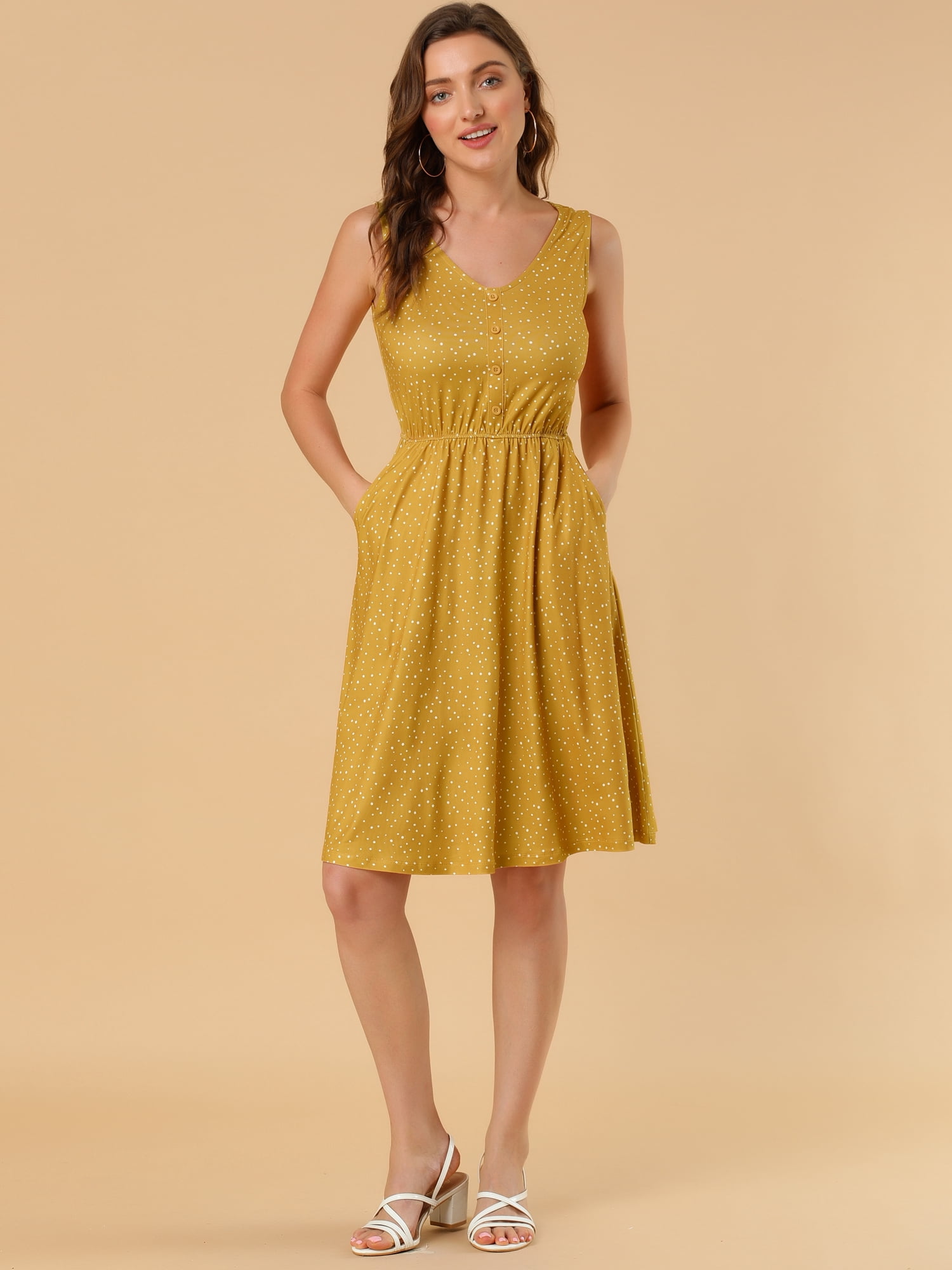 Unique Bargains Women's Midi Polka Dots V-Neck Tie Drawstring Waist Sleeveless Dress S Yellow
