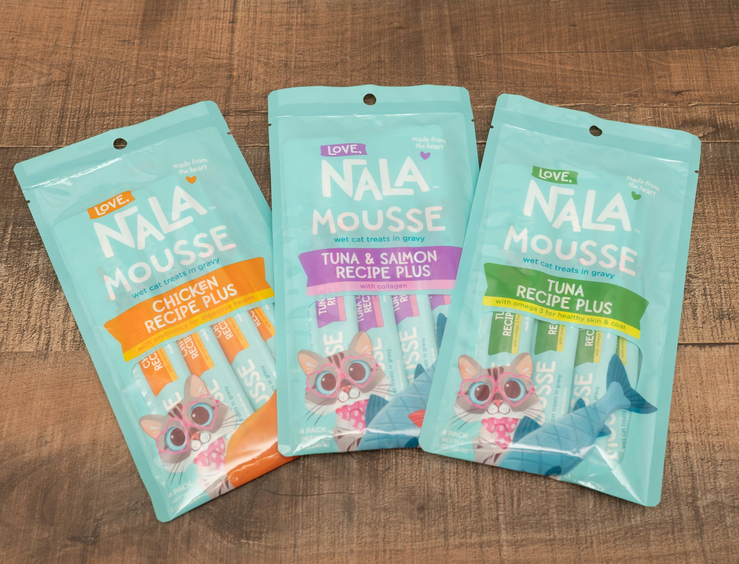 LOVE, NALA - Natural Lickable Cat Squeeze Up Treat,Topper - Variety Plus Pack Mousse - Wet Food Cat Puree - Grain Free, Fiber Blend, Minerals, Vitamins - 24 Pack