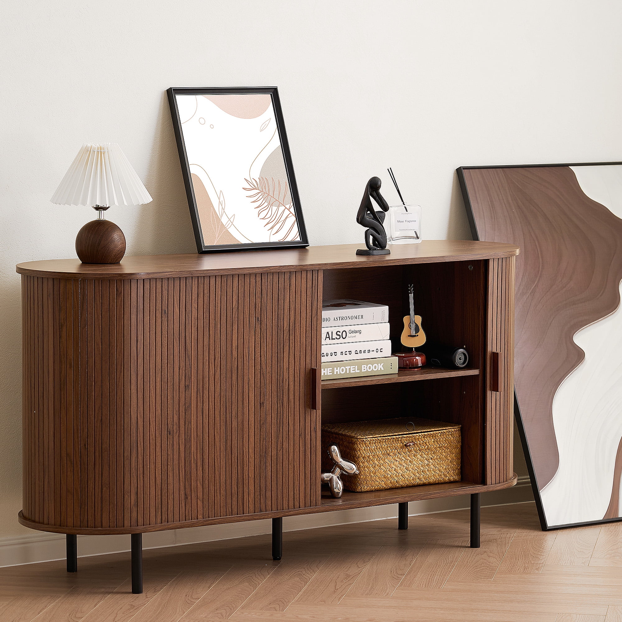 MARNUR Sideboard Buffet Cabinet 55" Storage Cabinet with 2 Sliding Tambour Doors, Adjustable Shelves for Kitchen Office Bedroom Hallway Entryway, Walnut