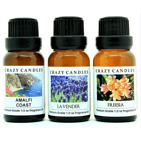 Crazy Candles 3 Bottles Set, 1 Amalfi Coast, 1 Lavender, 1 Freesia 1/2 fl oz Each (15ml) Premium Grade Scented Fragrance Oils