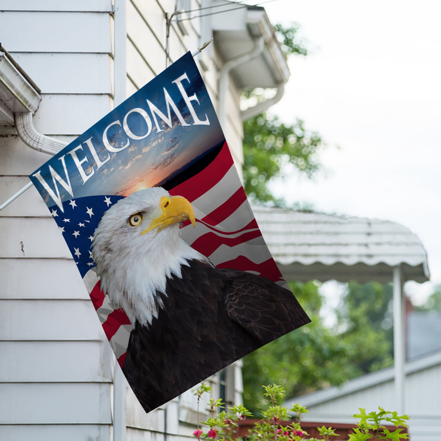 America Forever Face of Freedom Welcome House Flag, 28 x 40 inch Double Sided, Bald Eagle American Flag Welcome Patriotic 4th of July Liberty Freedom Outdoor Decor
